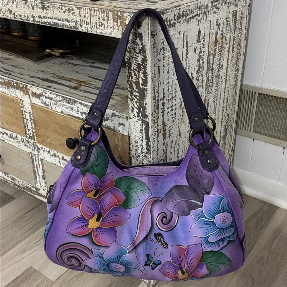 ANUSCHIKA India Purple Leather Floral‎ Triple Compartment Large Satchel Bag